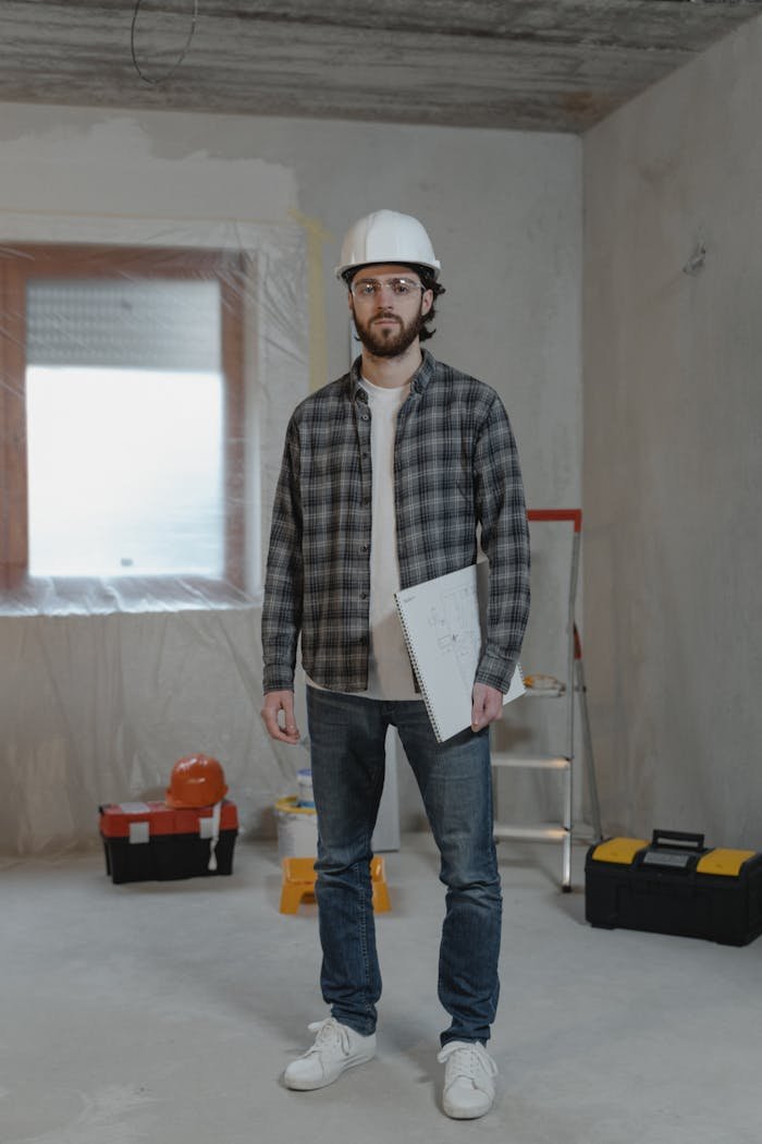 Male construction worker in hard hat holding blueprints inside a renovation site.
